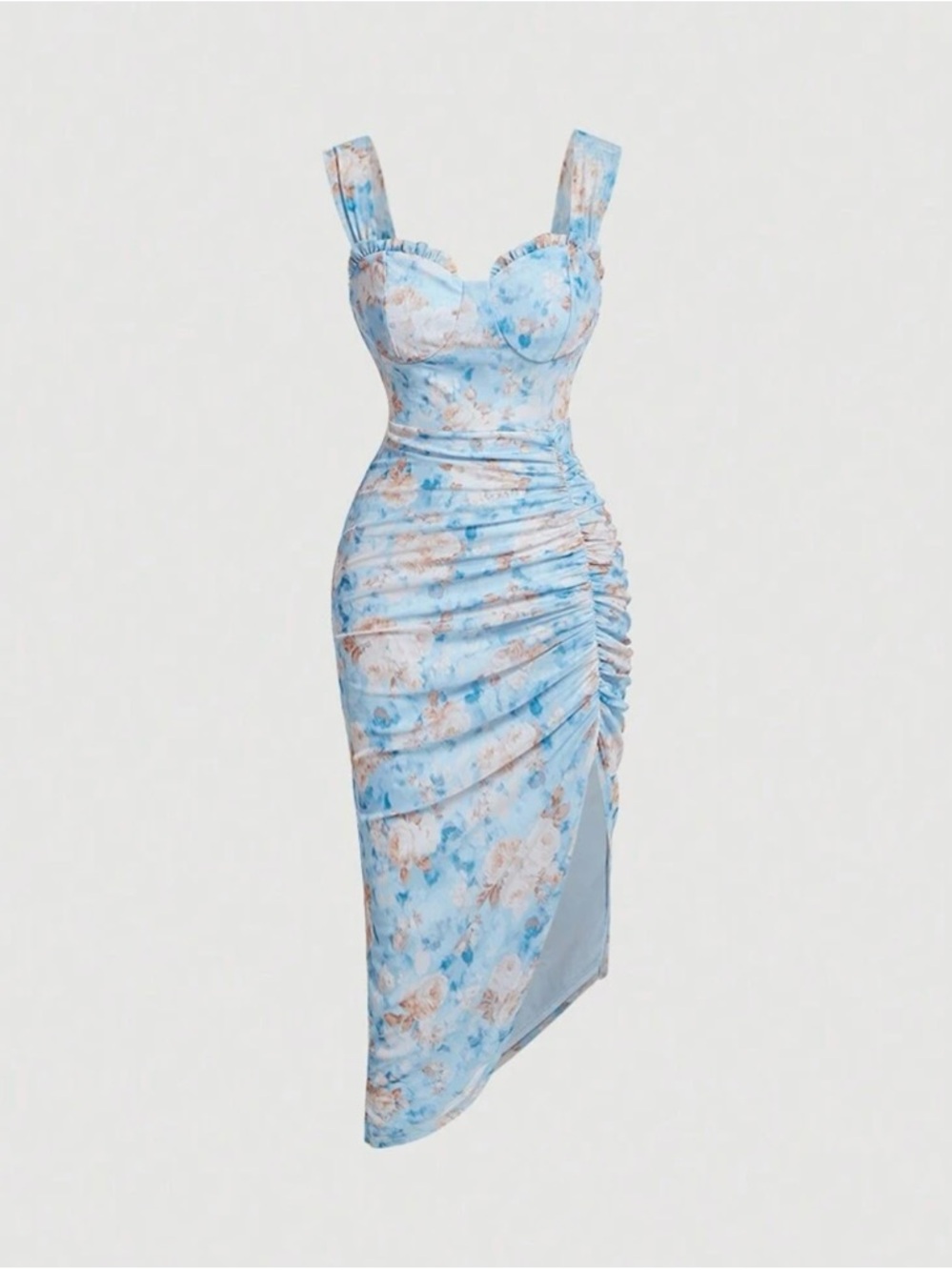 Blue Floral Ruched Midi Dress